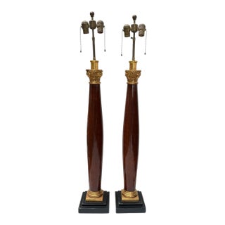 Pair of Napoleonic Style Tall Column Table Lamps French Mahogany Gold Giltwood For Sale