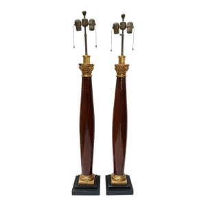 Pair of Napoleonic Style Tall Column Table Lamps French Mahogany Gold Giltwood
