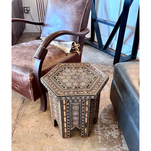 Vintage Marquetry Wood Inlay & Mother-of-Pearl Hexagonal Side Table For Sale - Image 4 of 8