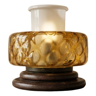 Mid-Century Table Lamp in Pressed Amber Glass and Wood, 1930 For Sale