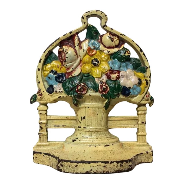Early 20th Century Petite Painted Cast Iron Flower Basket Doorstop For Sale