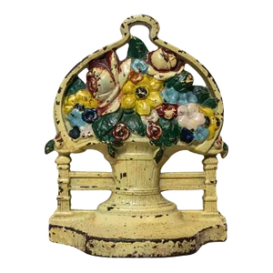 Early 20th Century Petite Painted Cast Iron Flower Basket Doorstop