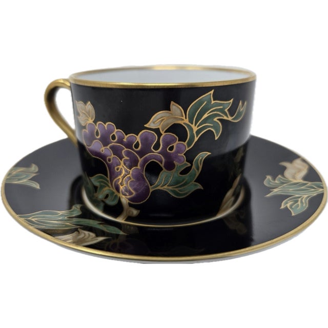 1980s Fitz & Floyd Cloisonné Peony Ff 75, Black - Retired Collection of 4 Settings / Dinner Plates , Accent Plates and Four Cups With Saucers For Sale - Image 5 of 12