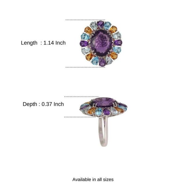 Handcrafted 15.5Ct Aquamarine & Blue Topaz Silver Ring With Amethyst and Citrine Accents - Size 6 For Sale - Image 12 of 15