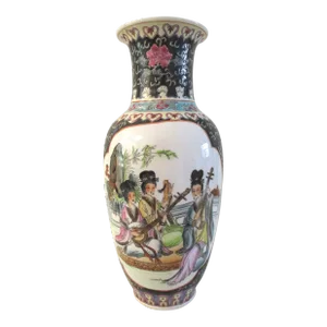 Mid-Century Black Chinese Geisha Floral Vase
