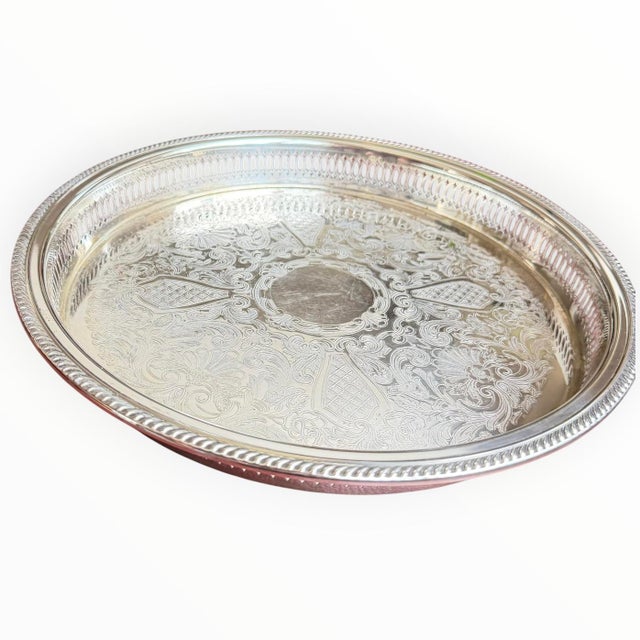 F.B. Rogers Silver Co. Vintage f.b. Rogers Silver Plate Engraved Floral Gallery Tray 13” For Sale - Image 4 of 14
