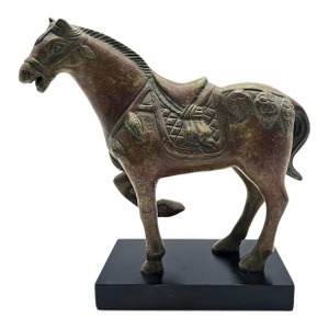 Late 20th Century Chinese Tang-Style Patinated Metal Horse Sculpture on Black Plinth