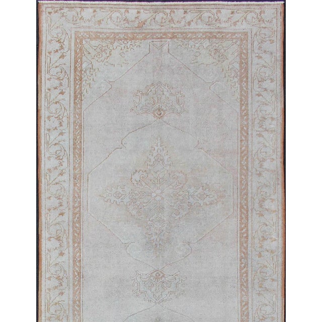 Tribal Turkish Oushak Runner in Pale Ice Blue, Ivory, and Faint Taupe Subtle Medallions For Sale - Image 3 of 10