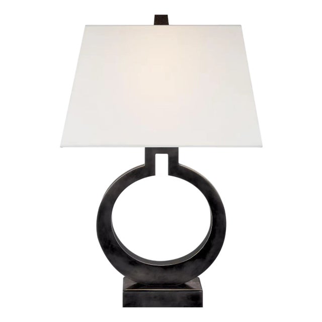 Chapman & Myers by Visual Comfort Signature Ring Form Large Table Lamp in Bronze with Linen Shade For Sale