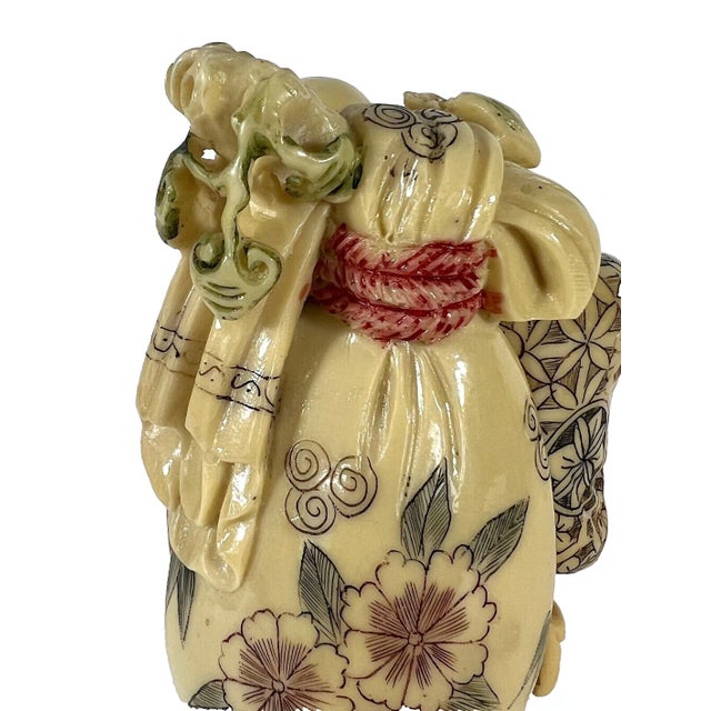 Early 20th Century Antique Faux Ivory Standing Laughing Buddha - Ho Tei, Budai on Carved Wood Stand For Sale - Image 5 of 8