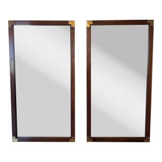 Vintage Henredon Hollywood Regency Campaign Style Wood & Brass Mirrors, a Pair For Sale