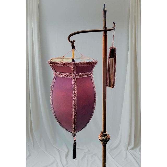 Mariano Fortuny Vintage Fortuny Style Red Tassel Bridge Arm Faux Leather Gold Leaf Floor Lamp For Sale - Image 4 of 11
