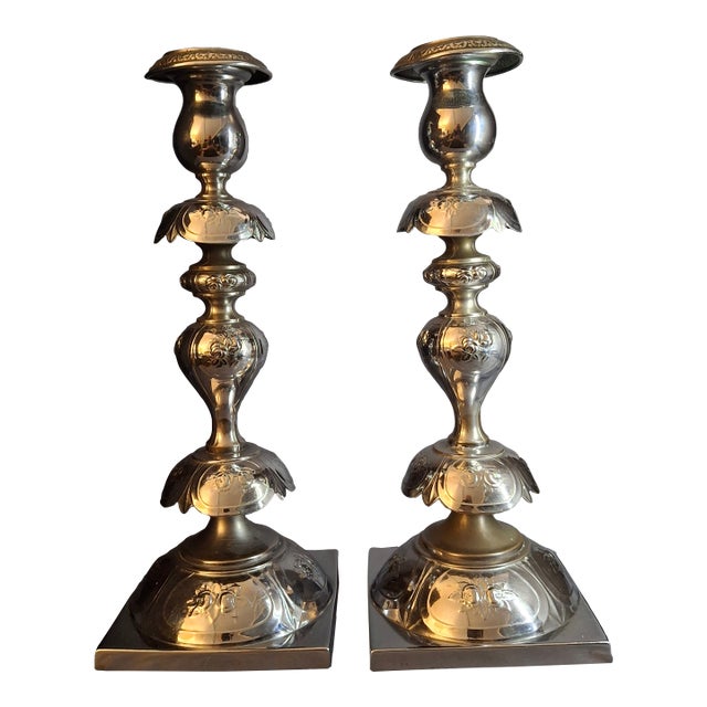 Antique Norblin Warszawa Silverplate Shabbat Candlesticks 12" Rose Judaica Pair 1890 For Sale