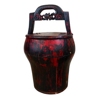 Vintage Hand Carved Laquered Wood Asian Rice or Water Bucket For Sale