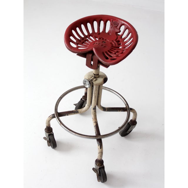 Mid 20th Century Vintage Industrial Rolling Stool With Cast Iron Tractor Seat For Sale - Image 5 of 18