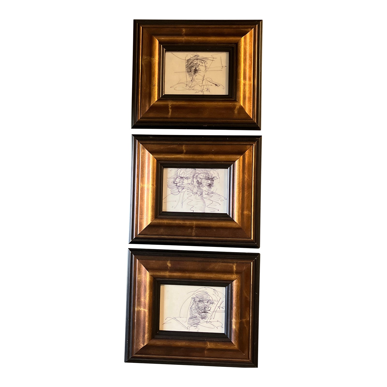 1970’s 3 Original Abstract Male Portrait Ink Drawings Chunky Frames Set of 3 Chairish