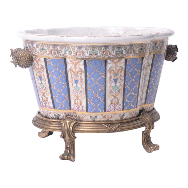 1920s Vintage Ceramic Jardinière on Metal Stand For Sale