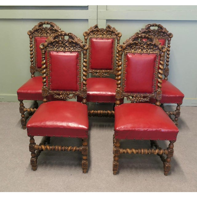 Antique Black-Forest Carved Oak Dining Chairs, Set of 5 For Sale - Image 3 of 10