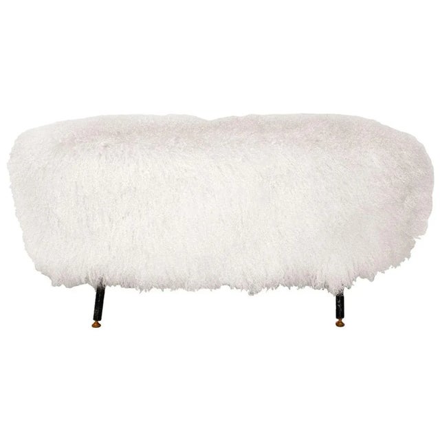 1950s Mid-Century White Mongolian Goat Fur, Wood and Metal Italian Footstool For Sale - Image 5 of 5