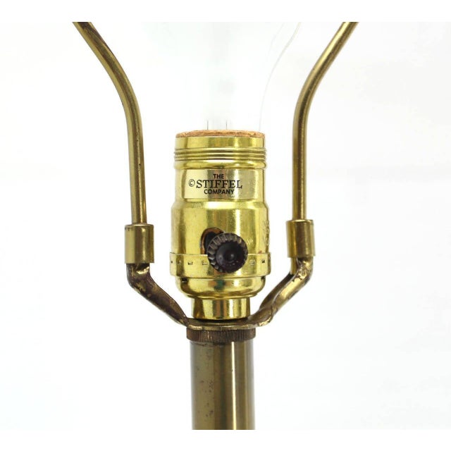 Pair Mid Century Modern Stiffel Brass Finial Shape Table Lamps Square Marble Bases