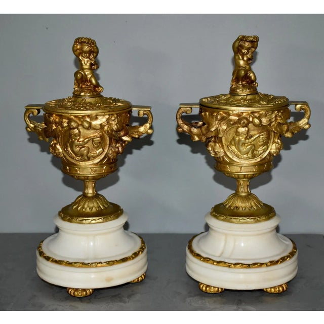 Metal Antique French Cassolette Urns 1880s Gilt Bronze Cherub Marble Vases Lids Pair For Sale - Image 7 of 12