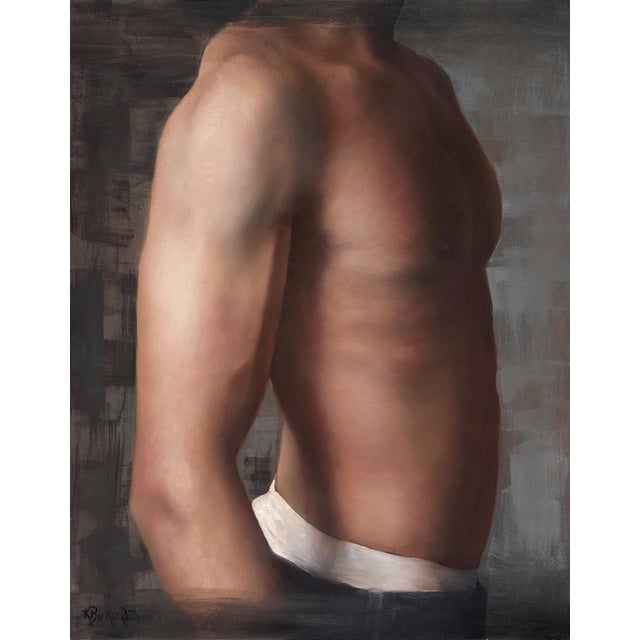 This oil painting presents a close-up view of a male torso, emphasizing the play of light and shadow across the sculpted...