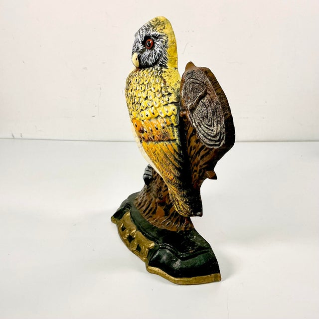 1940s Vintage Boho Chic Arts & Crafts Farmhouse Cast Iron Owl Doorstop For Sale - Image 6 of 14