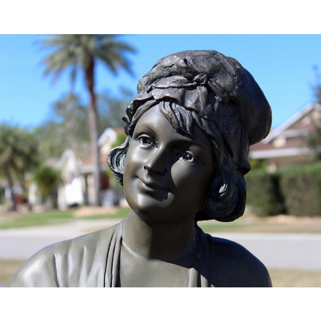 Vintage Life-Size Victorian Mother & Child Garden Sculpture With Bronze Faces, Hands & Upper Body – Garden Bench Statue With Basket Planter, 1980s For Sale - Image 10 of 18