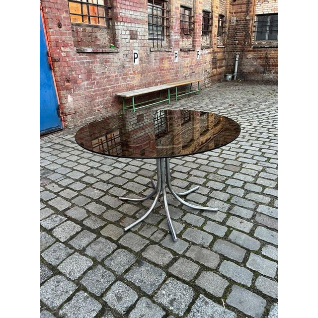 Glass Round Dining Table in Smoked Glass and Chrome by Gastone Rinaldi For Sale - Image 7 of 10