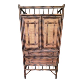 Vintage Bamboo British Colonial Regency 2 Drawer Open Large Wardrobe Cabinet For Sale