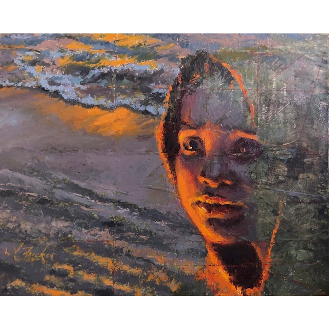 Fireside by Lisa Fricker | Oil on collage on board Portrait of a woman by a firelight backdrop For Sale