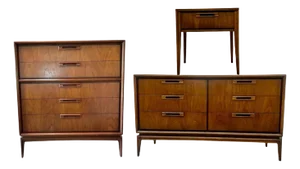 1970s Vintage Mid Century Modern Solid Walnut Dresser and End Table Set Dovetailed Drawers - Set of 3