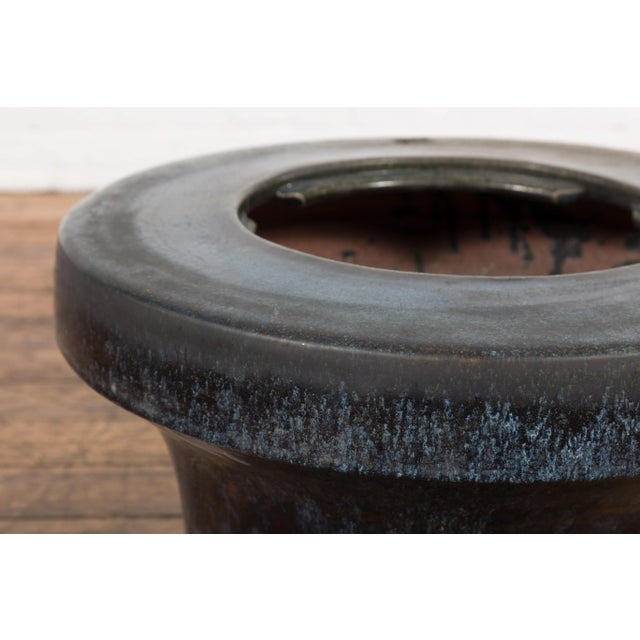 Brown Japanese Antique Blue and Black Glazed Ceramic Hibachi for Drinking Saké For Sale - Image 8 of 13