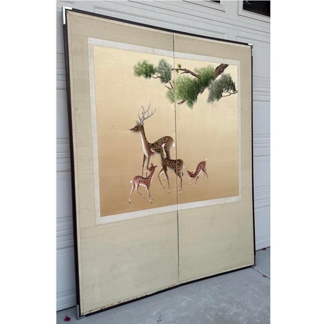 Antique Japanese Meiji Two-Panel Embroidered Silk Screen W/ Deer & Pine, C. 1880 For Sale - Image 15 of 18