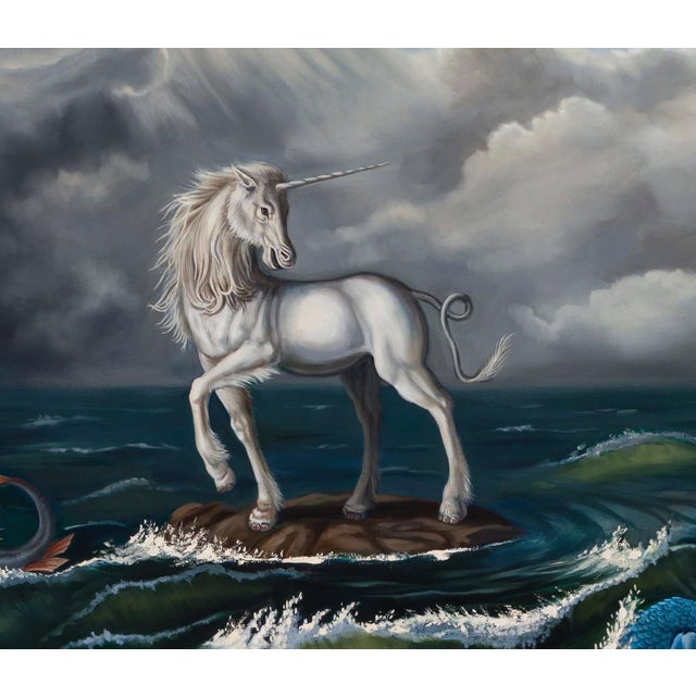 The Leader of the Sea Beasts by Robin Hextrum | Oil on Canvas Unicorn among sea creatures in turbulent waves. For Sale - Image 4 of 5