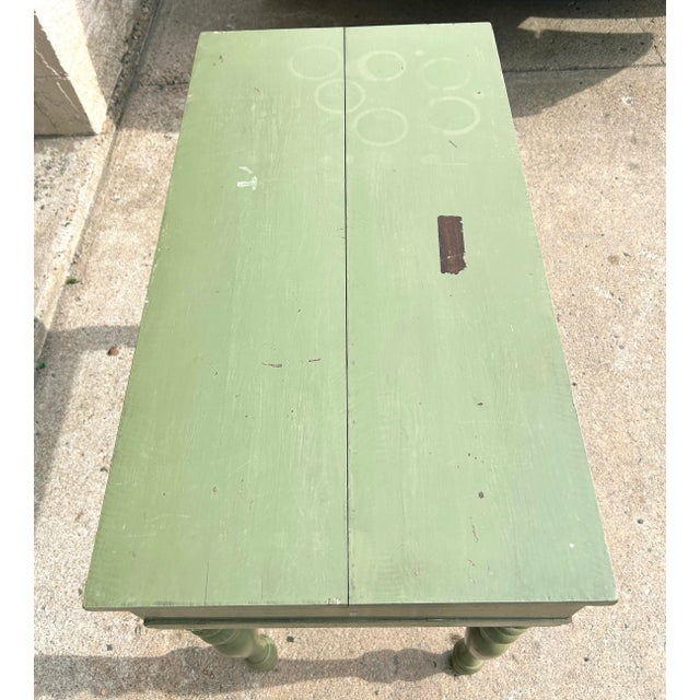 1990s Vintage Green Distress Painted Spinlet Flip Top Desk With Turned Legs For Sale - Image 9 of 12