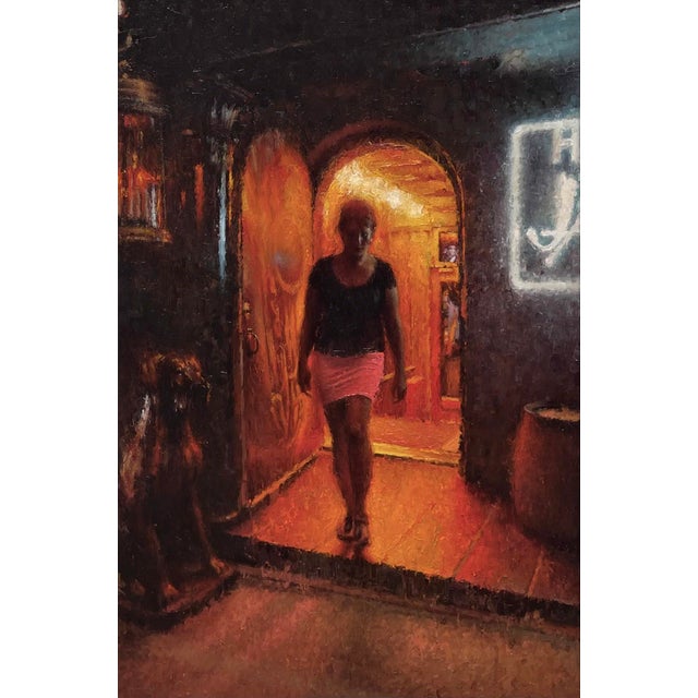Contemporary Leaving the House by Nicolas Martin | Oil on canvas Woman exiting a dimly lit doorway. For Sale - Image 3 of 3