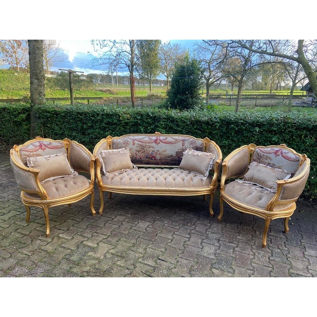 1940s French Louis XVI Gold Beige Sofa Set - 5 Pc For Sale - Image 13 of 18