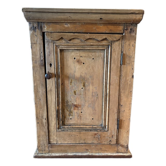 19th Century Primitive French Pine Hanging Cabinet, Original Painted Interior For Sale