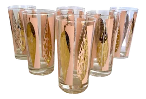 Mid-Century Fred Press Signed Pink & Clear 22-Karat Gold Leaves Glasses- Set of 6