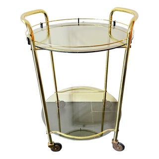 Vintage Brass Serving Bar Cart with Smoked Glass Shelves, 1970s For Sale