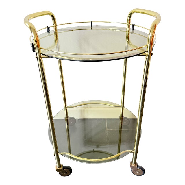 Vintage Brass Serving Bar Cart with Smoked Glass Shelves, 1970s For Sale