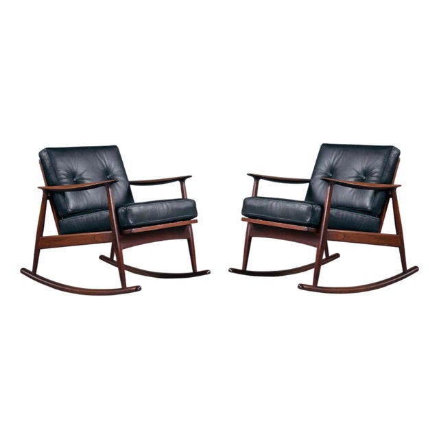 Pair of Restored Moreddi 1950's Danish Teak Rocking Chairs in Black Leather For Sale