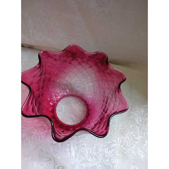 Mid-Century Fenton Style Diamond Quilted Cranberry Glass Ruffled Lamp Shade For Sale - Image 4 of 9