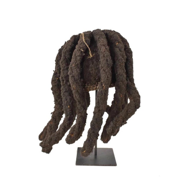African Early 20th Century Bamileke Woven Hat with Hair Cameroon For Sale - Image 3 of 6