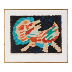 Original Vintage 20th Century Karel Appel Framed Abstract Pencil Signed & Numbered Color Lithograph "Smiling Cat,"