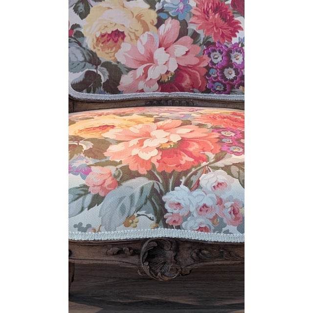 Louis XV Style Antique French Begere Featuring Vintage Floral Twill Upholstery Fabric For Sale - Image 11 of 12