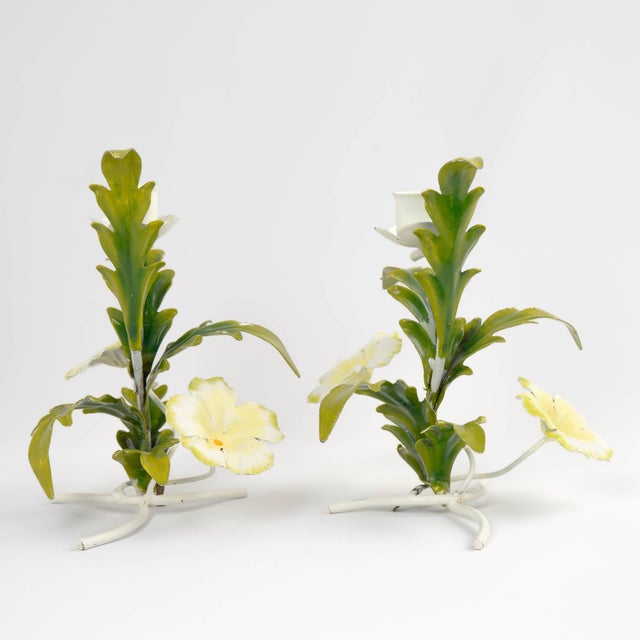 Vintage Italian Tole Metal Candlestick Holders With Hand-Painted Flowers For Sale - Image 9 of 15