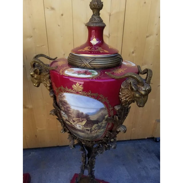 Rococo Antique French Rams Head Sèvres Lidded Urn Vases - Pair For Sale - Image 3 of 8