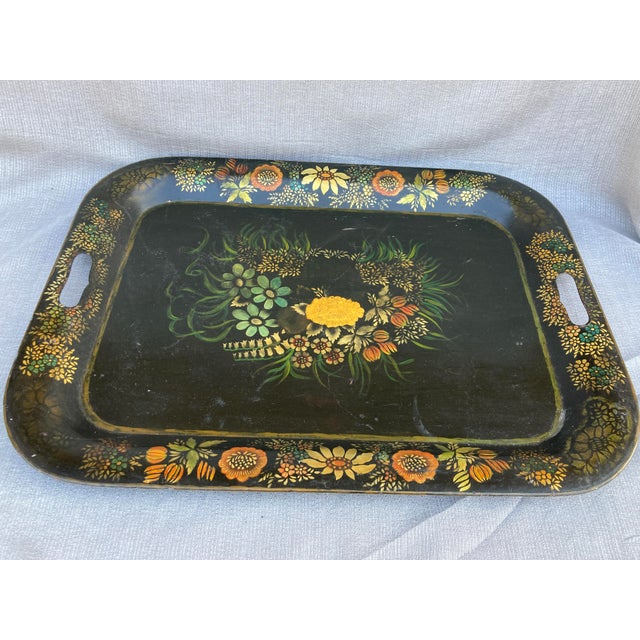 Antique Hand Painted Tole Serving Tray For Sale - Image 9 of 12